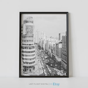 Impresión de España, póster de Madrid, paisaje urbano, póster de viaje, foto en blanco y negro, calles de la ciudad, horizonte, arte mural de España, impresión de Madrid, centro de la ciudad