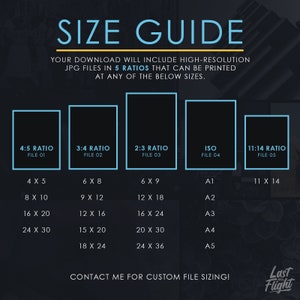May include: A size guide for digital downloads of high-resolution JPG files in five different aspect ratios: 4:5, 3:4, 2:3, ISO, and 11:14. The guide lists the dimensions of each ratio in inches, including sizes like 4x5, 8x10, 16x20, and 24x30. The guide also includes standard paper sizes like A1, A2, A3, A4, and A5. The text "Contact me for custom file sizing!" is at the bottom of the guide.