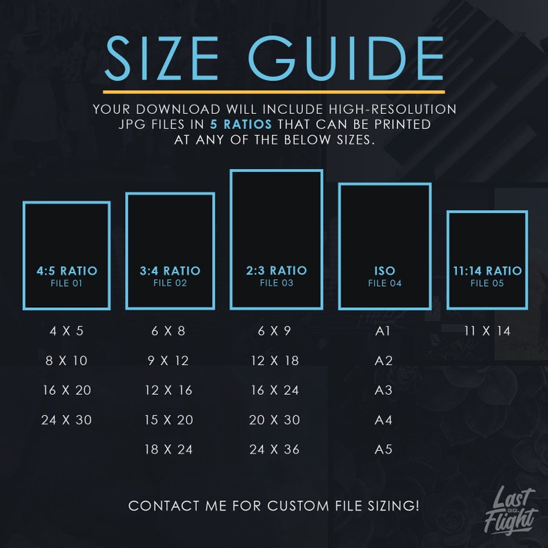 May include: A size guide for digital downloads of high-resolution JPG files in five different aspect ratios: 4:5, 3:4, 2:3, ISO, and 11:14. The guide lists the dimensions of each ratio in inches, including sizes like 4x5, 8x10, 16x20, and 24x30. The guide also includes standard paper sizes like A1, A2, A3, A4, and A5. The text "Contact me for custom file sizing!" is at the bottom of the guide.