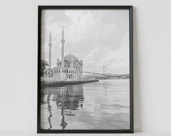 Istanbul Print, Turkey Poster, Buyuk Ortakoy Mosque, Skyline, Cityscape, Black White Photo, Istanbul Poster, Turkey Print, Bosphorus, Lake