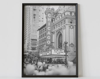 Chicago Illinois Black and White Travel Poster, Chicago Theatre Photography Print, Digital Download