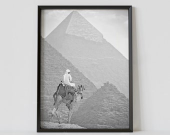 Giza Pyramids Egypt Black and White Travel Poster, Camel Photography Print, Africa Wall Art, Digital Download