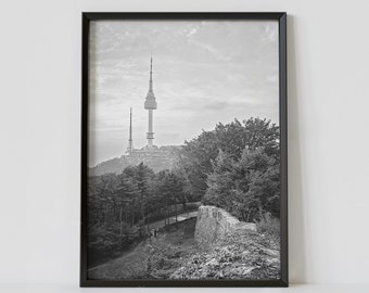 Póster de viaje en blanco y negro de Seúl, Corea del Sur, fotografía de la Torre N de Seúl, impresión digital.