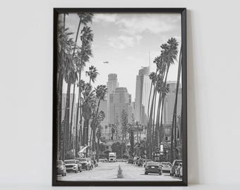 Los Angeles California Black and White Travel Poster, Downtown Los Angeles Palm Tree Photography Print, Digital Download