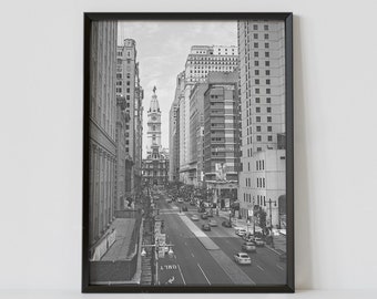 Plakat podróżniczy z Filadelfii w Pensylwanii w czerni i bieli, wydruk fotografii ratusza w Filadelfii, pobranie cyfrowe