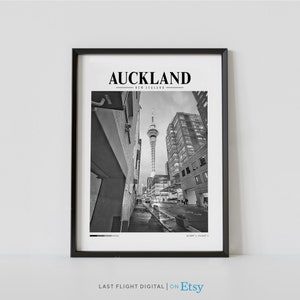 Affiche de la Nouvelle-Zélande, affiche d&#39;Auckland, Sky Tower, impression de la Nouvelle-Zélande, impression d&#39;Auckland, photographie noir et blanc, paysage urbain, rues, art mural