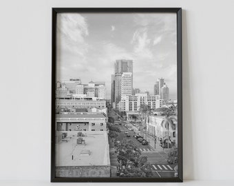 San Diego California Black and White Travel Poster, Downtown Cityscape Photography Print, Digital Download