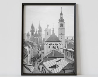 Prague Czech Republic Black and White Travel Poster, Old Town Prague Photography Print, Europe Wall Art, Digital Download