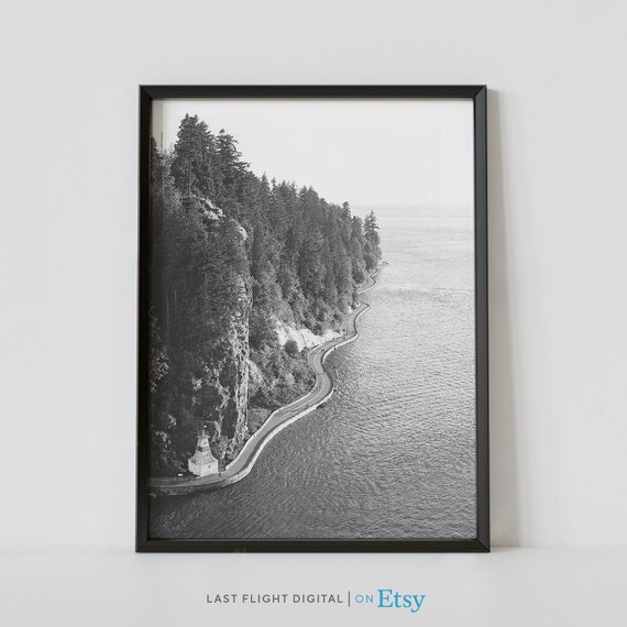 Vancouver Canada Black and White Travel Poster, Stanley Park Road Photography Print, Digital Download