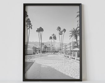 Plakat podróżniczy Palm Springs w Kalifornii w czerni i bieli, wydruk fotografii kurortu Palm Tree, pobranie cyfrowe