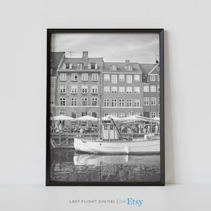 Copenhagen Print, Denmark Poster, Danish House, Copenhagen Wall Art, Denmark Print, Black White Photography, Europe, Canal, Copenhagen Print