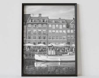 Copenhagen Denmark Black and White Travel Poster, Canal Photography Print, Europe Wall Art, Digital Download