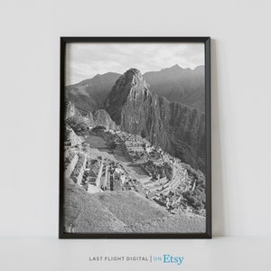Machu Picchu Print, Peru Print, Incan Citadel, Andes Mountains, Machu Picchu Poster, Black White Photography, South America, Llama Wall Art