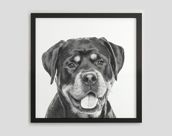 ロットワイラーの白黒ポートレート、ペット写真プリント、犬のウォールアート、デジタルダウンロード