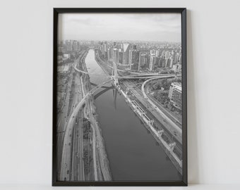 Sao Paulo Brazil Black and White Travel Poster, Ponte Estaiada Photography Print, City Skyline Wall Art, Digital Download