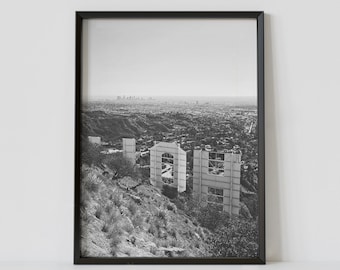 Los Angeles California Black and White Travel Poster, Hollywood Sign Cityscape Photography Print, Digital Download