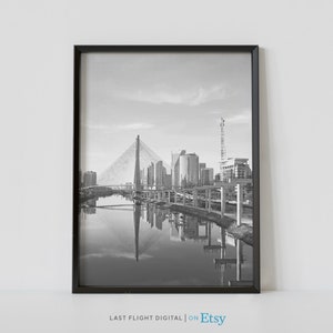 Impresión de Brasil, Cartel de Sao Paulo, Puente Ponte Estaiada, Paisaje urbano de Brasil, Skyline, Foto en blanco negro, América del Sur, Cartel de Brasil, Calles