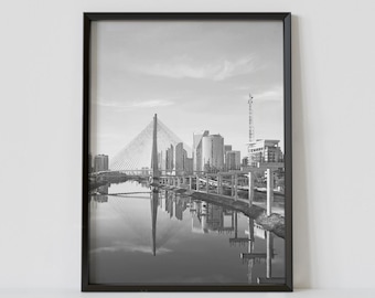 Sao Paulo Brazil Black and White Travel Poster, Ponte Estaiada Photography Print, City Skyline Wall Art, Digital Download