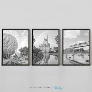 Orlando-poster, set van 3, Magic Kingdom, zwart-witfoto, Mickey Mouse, kasteel, Epcot-poster, Epcot-poster, Florida-poster, Orlando-poster