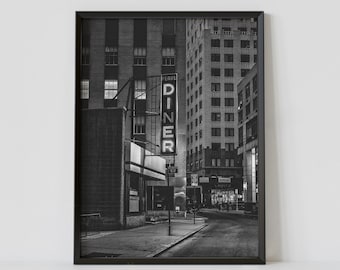 New York City Black and White Travel Poster, Pearls Diner Photography Print, Digital Download
