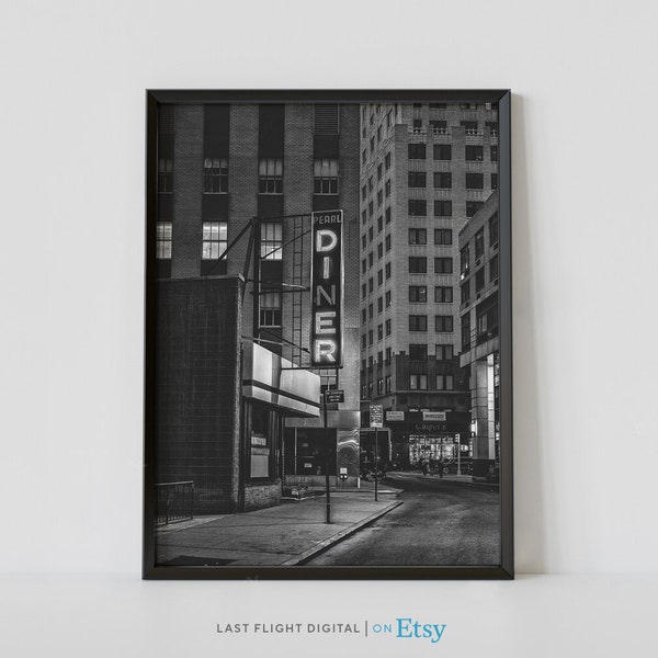 New York Print, Pearls Diner, New York Poster, New York City, NYC, Black and White Photo, Cityscape, Skyline, Downtown, City Streets, Night