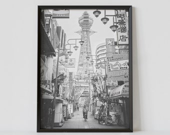 Osaka Japan Black and White Travel Poster, Tsutenkaku Tower Shinsekai Photography Print, Digital Download