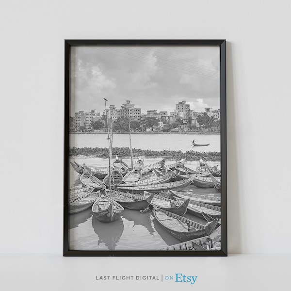 Bangladesh Poster, Dhaka Print, Country Boats, Dhaka Poster, Bangladesh Print, Black and White, Cityscape, Skyline, River Boat, City Street