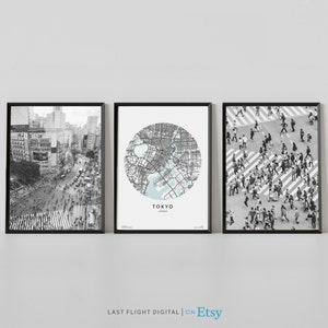 Impressão do Japão, conjunto de 3, cruzamento de Shibuya, pôster de Tóquio, pôster do Japão, foto em preto e branco, mapa do Japão, mapa de Tóquio, impressão de Tóquio, paisagem urbana