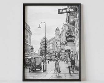 Vienna Austria Black and White Travel Poster, Kärntner Straße Photography Print, Europe Wall Art, Digital Download