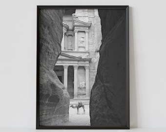 Petra Jordan Black and White Travel Poster, The Treasury Photography Print, Digital Download
