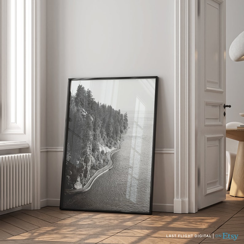 May include: Black and white aerial photograph of a winding road along a coastline with trees and a body of water.