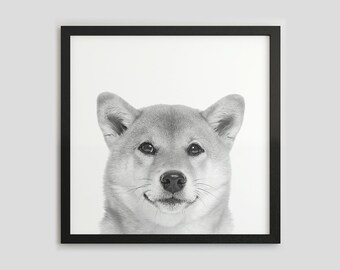 Shiba Inu Black and White Dog Portrait, Pet Photography Print, Dog Wall Art, Digital Download