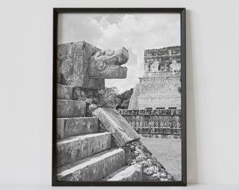 Yucatán Mexico Black and White Travel Poster, Chichén Itzá Photography Print, Digital Download