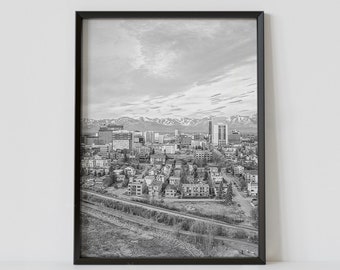 Anchorage Alaska zwart-wit reisposter, skylinefotografie print, digitale download