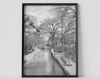 San Antonio Texas Black and White Travel Poster, San Antonio River Walk Photography Print, Digital Download