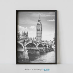 Impression de Londres, affiche du Royaume-Uni, Big Ben, affiche d'Angleterre, affiche de Londres, art du Royaume-Uni, photographie en noir et blanc, impression d'Europe, du Royaume-Uni, pont