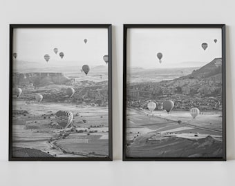 Cappadocia Turkey Black and White Travel Poster Set of 2, Hot Air Balloon Photography Prints, Digital Download