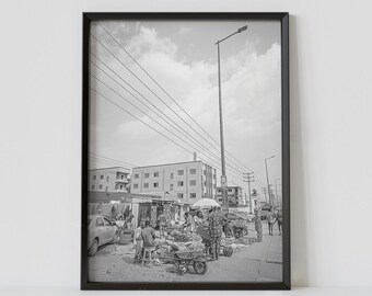 Lagos Nigeria Black and White Travel Poster, Street Market Photography Print, Africa Wall Art, Digital Download
