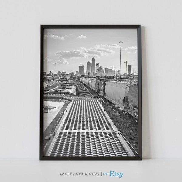 Charlotte Print, North Carolina Poster, Train Yard, Cityscape, Black White Photo, UNC, Downtown, Skyline, North Carolina Print, Railroad