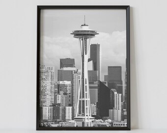 Seattle Print, Space Needle, Seattle Poster, Cityscape, Washington State, Black White Photo, Skyline, Pike Place Market, Seattle Washington