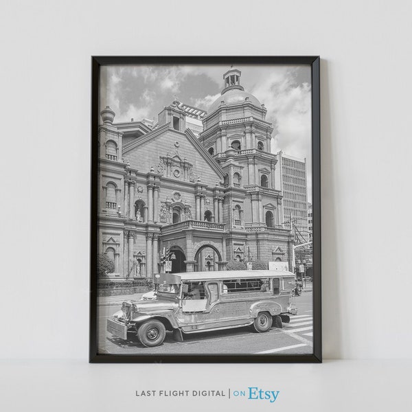 Philippines Poster, Manila Print, Minor Basilica, Skyline, Cityscape, Manila Poster, Philippines Print, Black White Photo, Downtown, Church