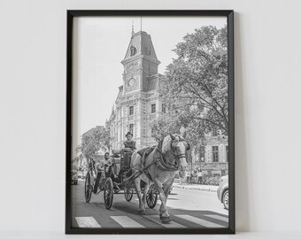 Quebec City Canada Black and White Travel Poster, Horse Carriage & City Hall Photography Print, Digital Download