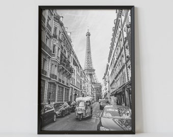 Paris France Black and White Travel Poster, Eiffel Tower Photography Print, City Street Wall Art, Digital Download