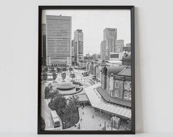 Tokyo Station Japan Black and White Travel Poster, Marunouchi Station Square Photography Print, Digital Download