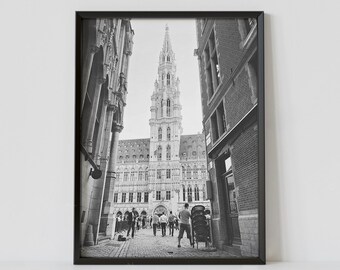 ブリュッセル（ベルギー）の白黒旅行ポスター、グランプラスの写真プリント、ヨーロッパの壁掛けアート、デジタルダウンロード