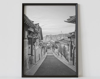 Seoul South Korea Black and White Travel Poster, Bukchon Hanok Village Photography Print, Digital Download