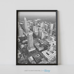 Charlotte Print, North Carolina Poster, Downtown, Cityscape, Black White Photo, UNC, Downtown, Skyline, North Carolina Print, Aerial View