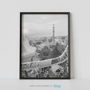 Barcelona print, Spanje print, Park Guell, Barcelona poster, reisposter, Europa, zwart-wit foto, Spanje poster, Spanje stadsgezicht