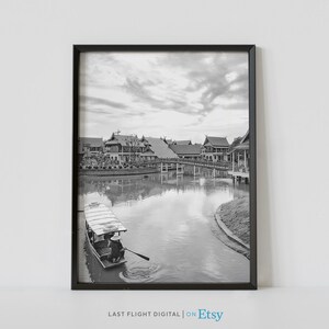 Thailand Print, Pattaya Poster, Village, River, Thailand Poster, Pattaya Print, Cityscape, Art, Black White Photography, South East Asia