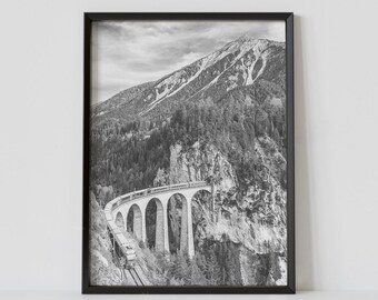 Bernina Express Switzerland Black and White Travel Poster, Swiss Alps Train Photography Print, Digital Download